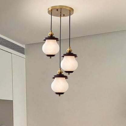Contemporary Retro Round Bottle Glass Lampshade Walnut Iron 1/3 - Light Chandeliers For Dining Room