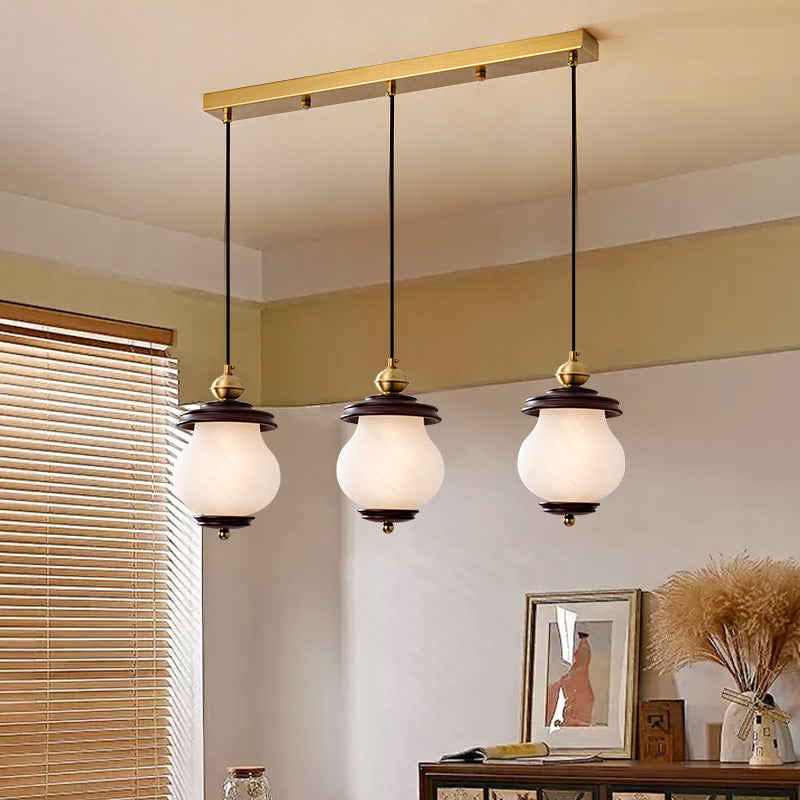 Contemporary Retro Round Bottle Glass Lampshade Walnut Iron 1/3 - Light Chandeliers For Dining Room