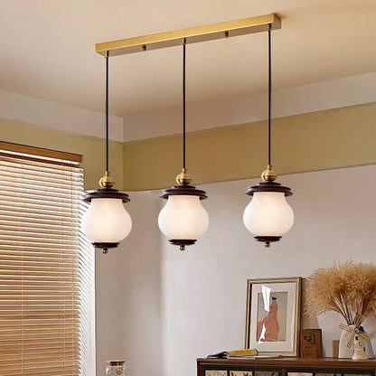 Contemporary Retro Round Bottle Glass Lampshade Walnut Iron 1/3 - Light Chandeliers For Dining Room