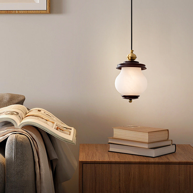 Contemporary Retro Round Bottle Glass Lampshade Walnut Iron 1/3 - Light Chandeliers For Dining Room