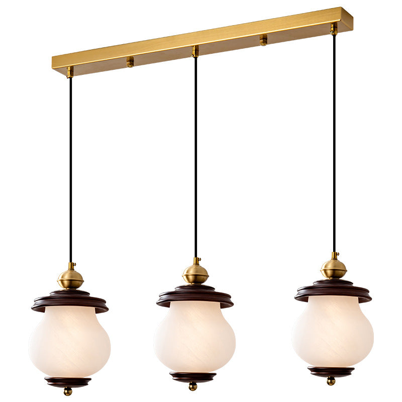 Contemporary Retro Round Bottle Glass Lampshade Walnut Iron 1/3 - Light Chandeliers For Dining Room