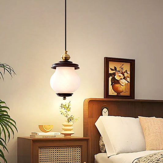Contemporary Retro Round Bottle Glass Lampshade Walnut Iron 1/3 - Light Chandeliers For Dining Room
