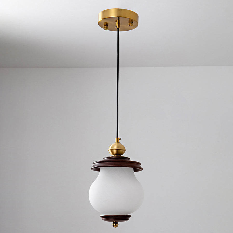 Contemporary Retro Round Bottle Glass Lampshade Walnut Iron 1/3 - Light Chandeliers For Dining Room