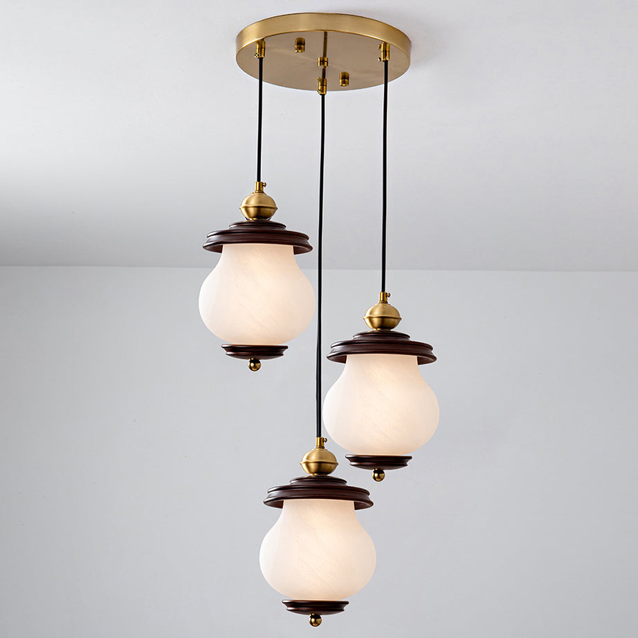 Contemporary Retro Round Bottle Glass Lampshade Walnut Iron 1/3 - Light Chandeliers For Dining Room