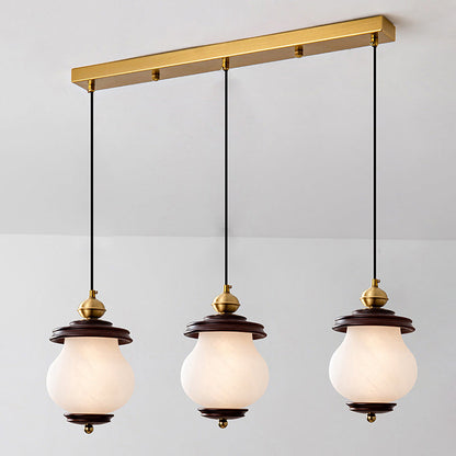 Contemporary Retro Round Bottle Glass Lampshade Walnut Iron 1/3 - Light Chandeliers For Dining Room