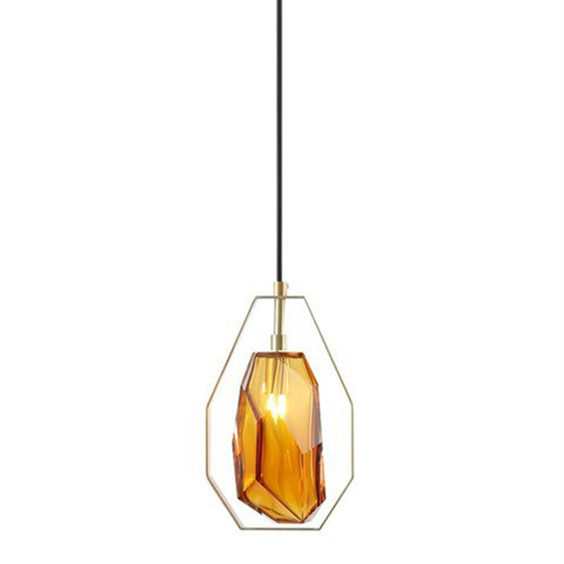 Contemporary Scandinavian Transparent Polygon Glass Iron Lampshade 1 - Light Pendant Light For Living Room