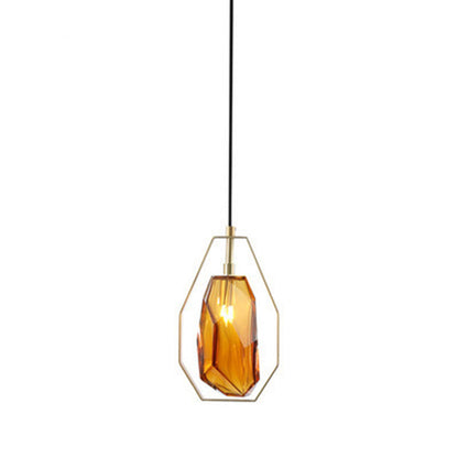 Contemporary Scandinavian Transparent Polygon Glass Iron Lampshade 1 - Light Pendant Light For Living Room