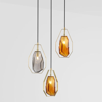 Contemporary Scandinavian Transparent Polygon Glass Iron Lampshade 1 - Light Pendant Light For Living Room