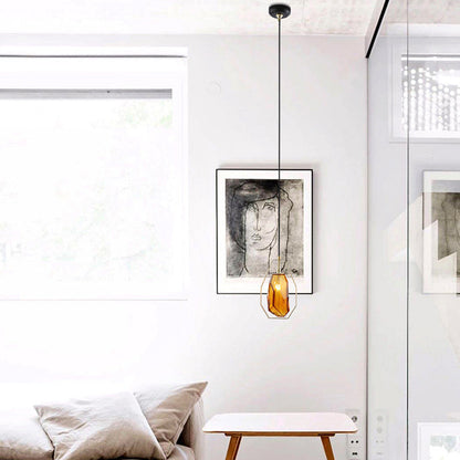 Contemporary Scandinavian Transparent Polygon Glass Iron Lampshade 1 - Light Pendant Light For Living Room