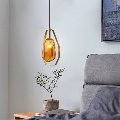 Contemporary Scandinavian Transparent Polygon Glass Iron Lampshade 1 - Light Pendant Light For Living Room