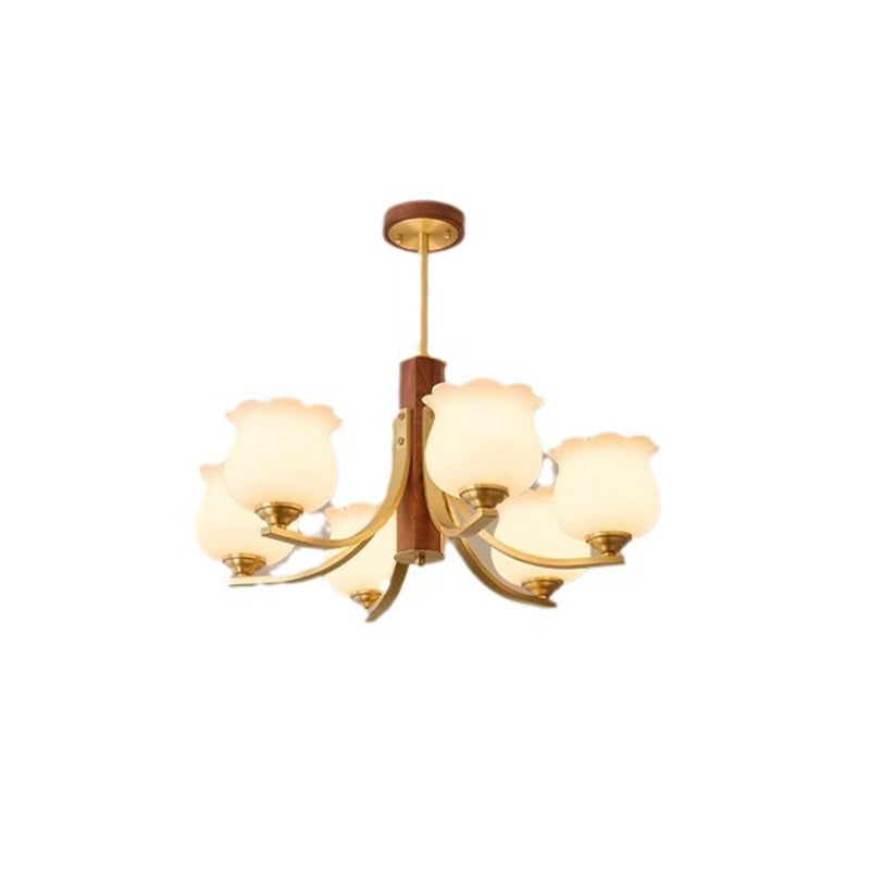 Traditional Japanese Dome Branch Curved Rod Flower Oval Copper Walnut Glass Lampshade 3/6 - Light Chandeliers For Living Room