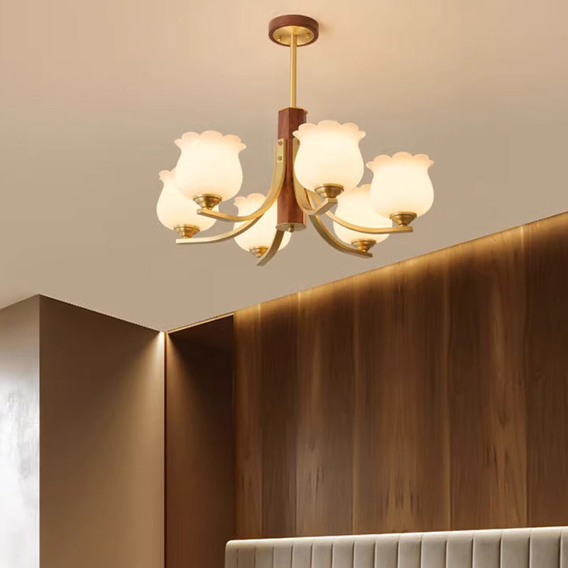Traditional Japanese Dome Branch Curved Rod Flower Oval Copper Walnut Glass Lampshade 3/6 - Light Chandeliers For Living Room