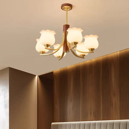 Traditional Japanese Dome Branch Curved Rod Flower Oval Copper Walnut Glass Lampshade 3/6 - Light Chandeliers For Living Room