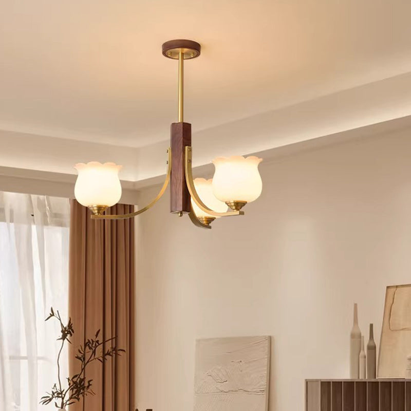 Traditional Japanese Dome Branch Curved Rod Flower Oval Copper Walnut Glass Lampshade 3/6 - Light Chandeliers For Living Room