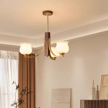 Traditional Japanese Dome Branch Curved Rod Flower Oval Copper Walnut Glass Lampshade 3/6 - Light Chandeliers For Living Room