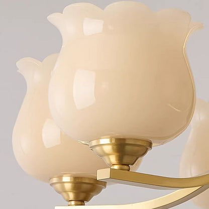 Traditional Japanese Dome Branch Curved Rod Flower Oval Copper Walnut Glass Lampshade 3/6 - Light Chandeliers For Living Room