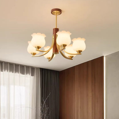 Traditional Japanese Dome Branch Curved Rod Flower Oval Copper Walnut Glass Lampshade 3/6 - Light Chandeliers For Living Room