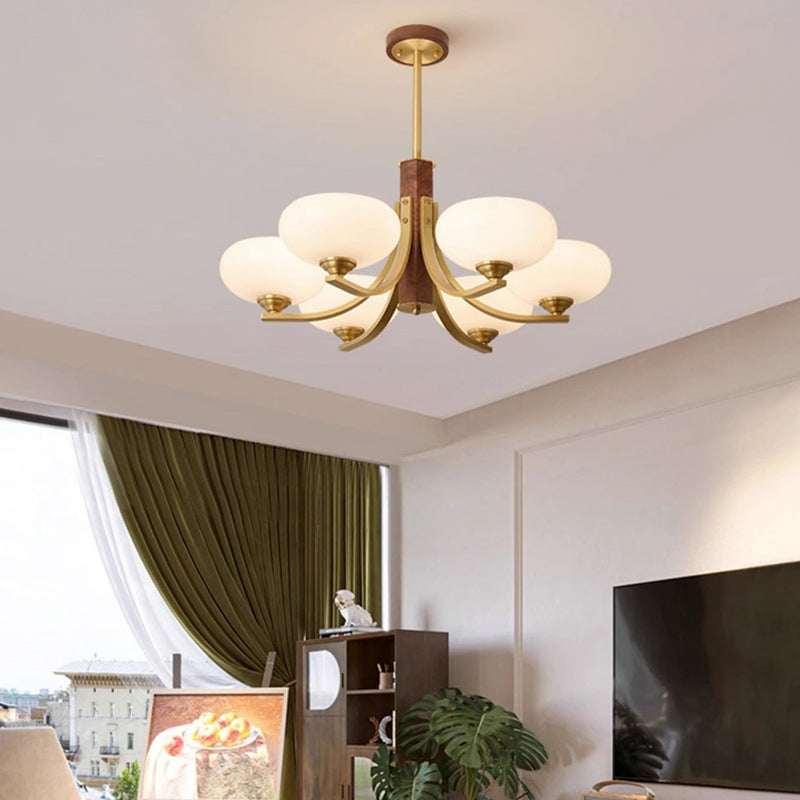 Traditional Japanese Dome Branch Curved Rod Flower Oval Copper Walnut Glass Lampshade 3/6 - Light Chandeliers For Living Room