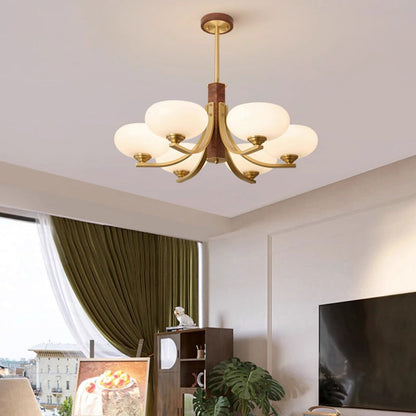 Traditional Japanese Dome Branch Curved Rod Flower Oval Copper Walnut Glass Lampshade 3/6 - Light Chandeliers For Living Room
