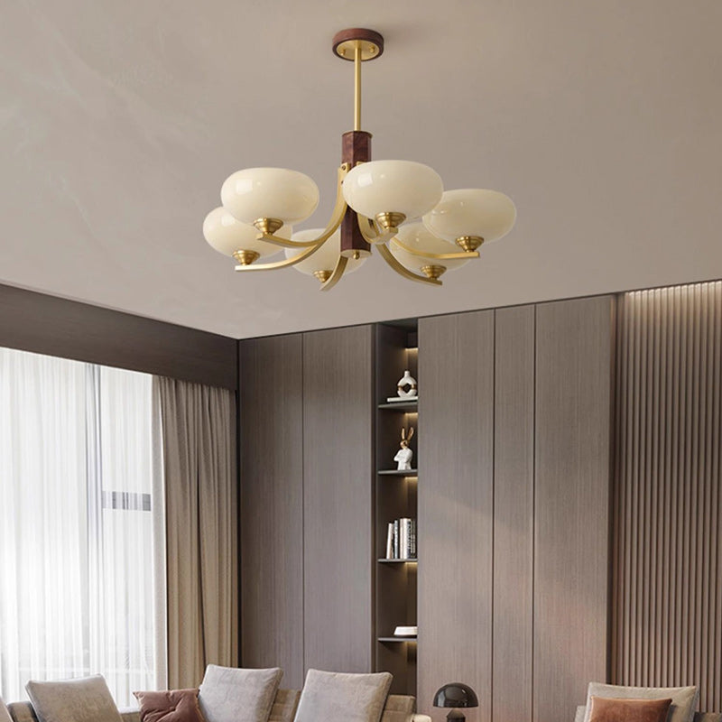 Traditional Japanese Dome Branch Curved Rod Flower Oval Copper Walnut Glass Lampshade 3/6 - Light Chandeliers For Living Room