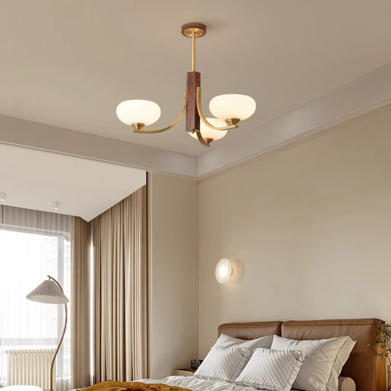 Traditional Japanese Dome Branch Curved Rod Flower Oval Copper Walnut Glass Lampshade 3/6 - Light Chandeliers For Living Room