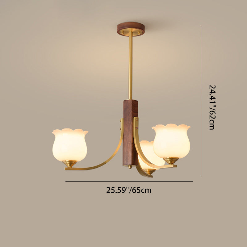 Traditional Japanese Dome Branch Curved Rod Flower Oval Copper Walnut Glass Lampshade 3/6 - Light Chandeliers For Living Room