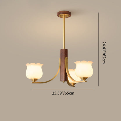 Traditional Japanese Dome Branch Curved Rod Flower Oval Copper Walnut Glass Lampshade 3/6 - Light Chandeliers For Living Room