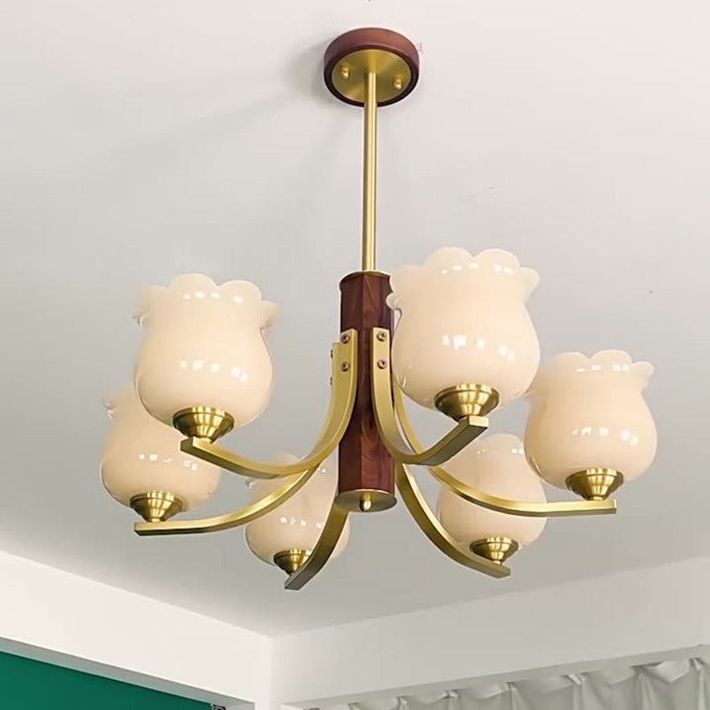 Traditional Japanese Dome Branch Curved Rod Flower Oval Copper Walnut Glass Lampshade 3/6 - Light Chandeliers For Living Room