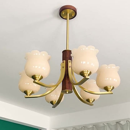 Traditional Japanese Dome Branch Curved Rod Flower Oval Copper Walnut Glass Lampshade 3/6 - Light Chandeliers For Living Room