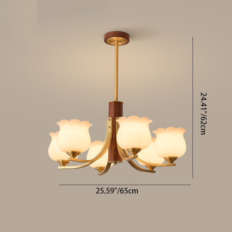 Traditional Japanese Dome Branch Curved Rod Flower Oval Copper Walnut Glass Lampshade 3/6 - Light Chandeliers For Living Room