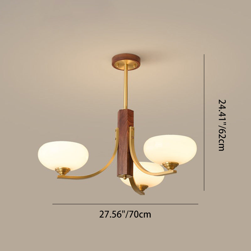 Traditional Japanese Dome Branch Curved Rod Flower Oval Copper Walnut Glass Lampshade 3/6 - Light Chandeliers For Living Room