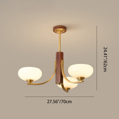 Traditional Japanese Dome Branch Curved Rod Flower Oval Copper Walnut Glass Lampshade 3/6 - Light Chandeliers For Living Room