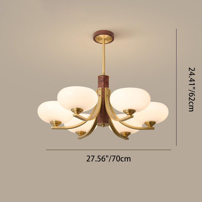 Traditional Japanese Dome Branch Curved Rod Flower Oval Copper Walnut Glass Lampshade 3/6 - Light Chandeliers For Living Room