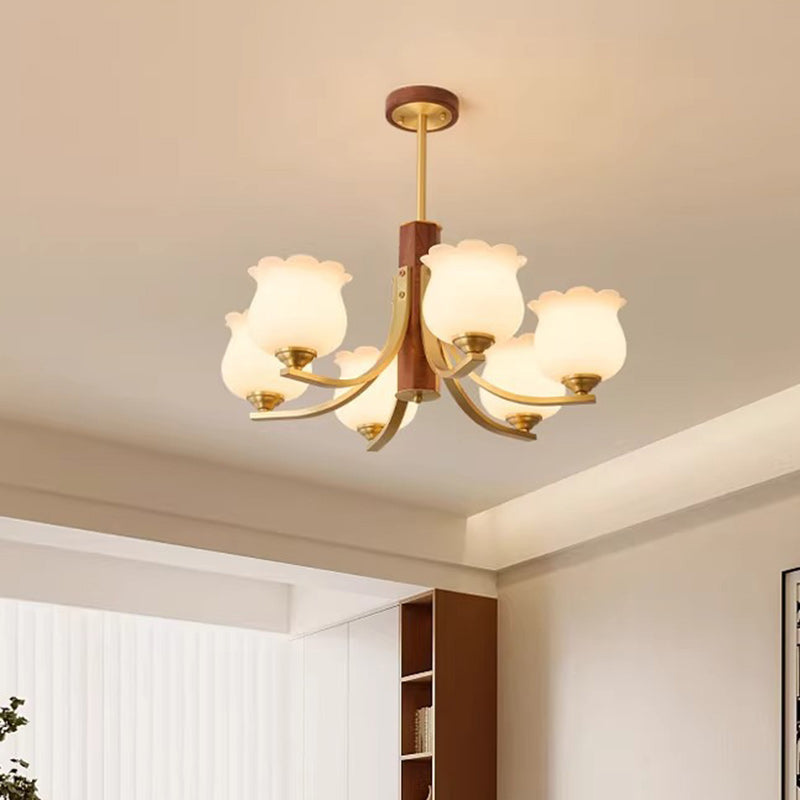 Traditional Japanese Dome Branch Curved Rod Flower Oval Copper Walnut Glass Lampshade 3/6 - Light Chandeliers For Living Room