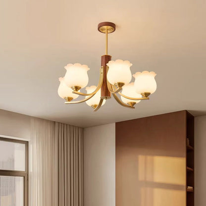Traditional Japanese Dome Branch Curved Rod Flower Oval Copper Walnut Glass Lampshade 3/6 - Light Chandeliers For Living Room