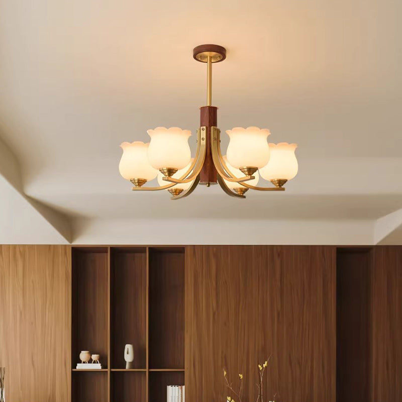 Traditional Japanese Dome Branch Curved Rod Flower Oval Copper Walnut Glass Lampshade 3/6 - Light Chandeliers For Living Room