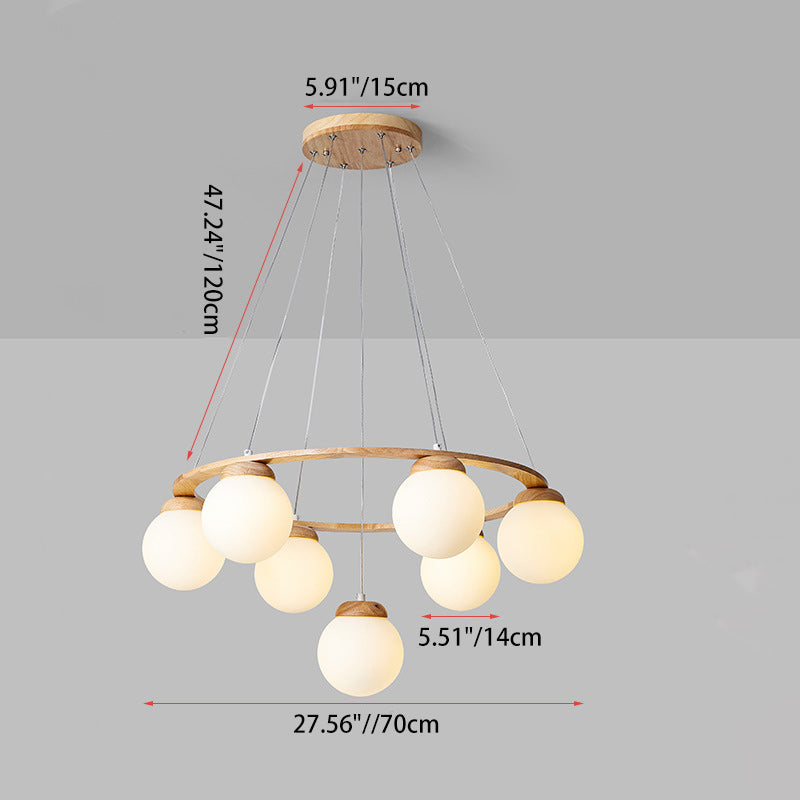 Contemporary Scandinavian Round Orb Rubber Wood Glass Lampshade 4/6/7 - Light Chandelier For Living Room