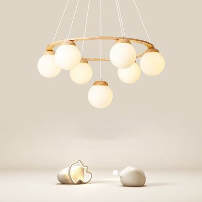 Contemporary Scandinavian Round Orb Rubber Wood Glass Lampshade 4/6/7 - Light Chandelier For Living Room