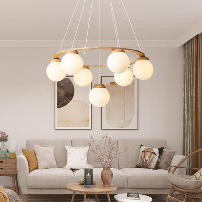 Contemporary Scandinavian Round Orb Rubber Wood Glass Lampshade 4/6/7 - Light Chandelier For Living Room