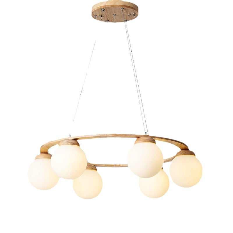 Contemporary Scandinavian Round Orb Rubber Wood Glass Lampshade 4/6/7 - Light Chandelier For Living Room