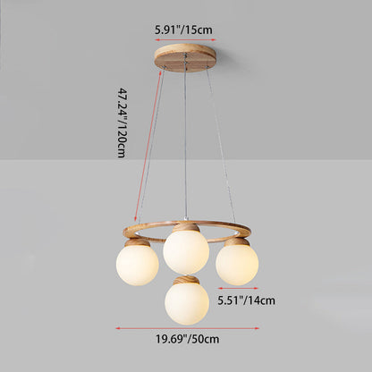Contemporary Scandinavian Round Orb Rubber Wood Glass Lampshade 4/6/7 - Light Chandelier For Living Room