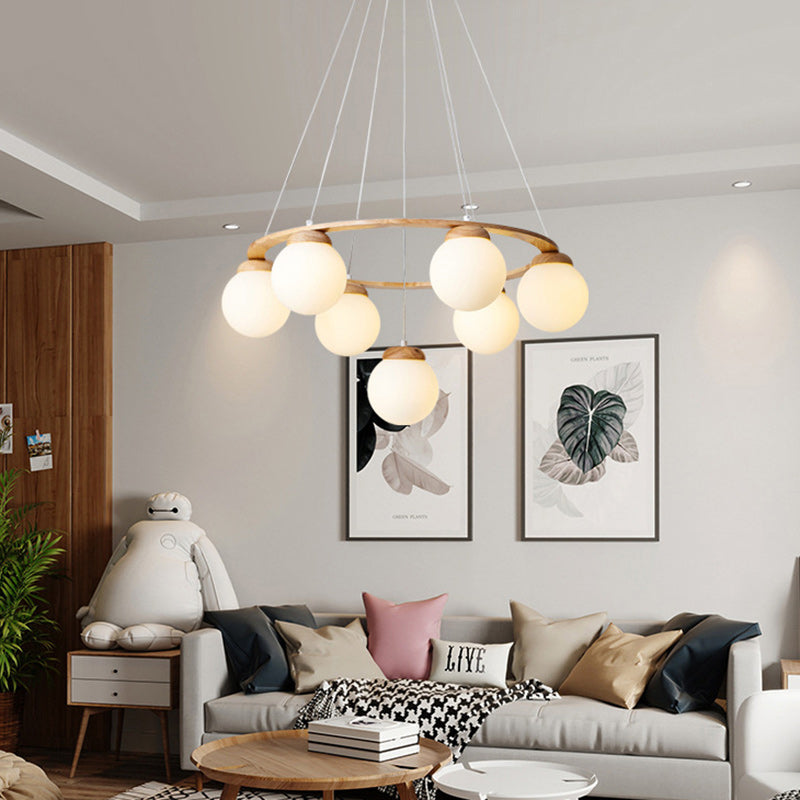 Contemporary Scandinavian Round Orb Rubber Wood Glass Lampshade 4/6/7 - Light Chandelier For Living Room