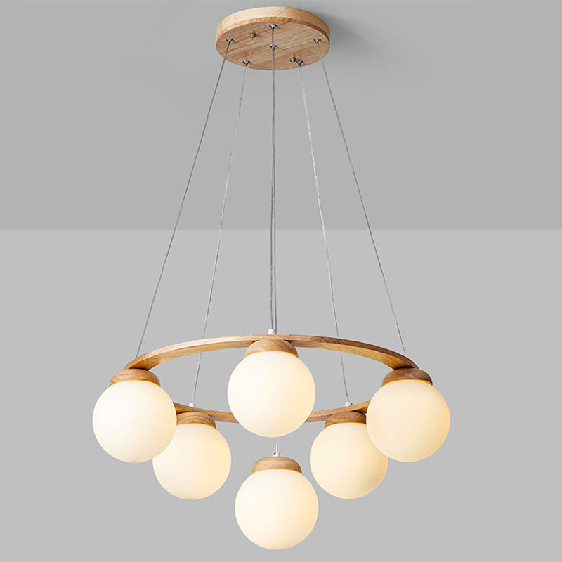 Contemporary Scandinavian Round Orb Rubber Wood Glass Lampshade 4/6/7 - Light Chandelier For Living Room