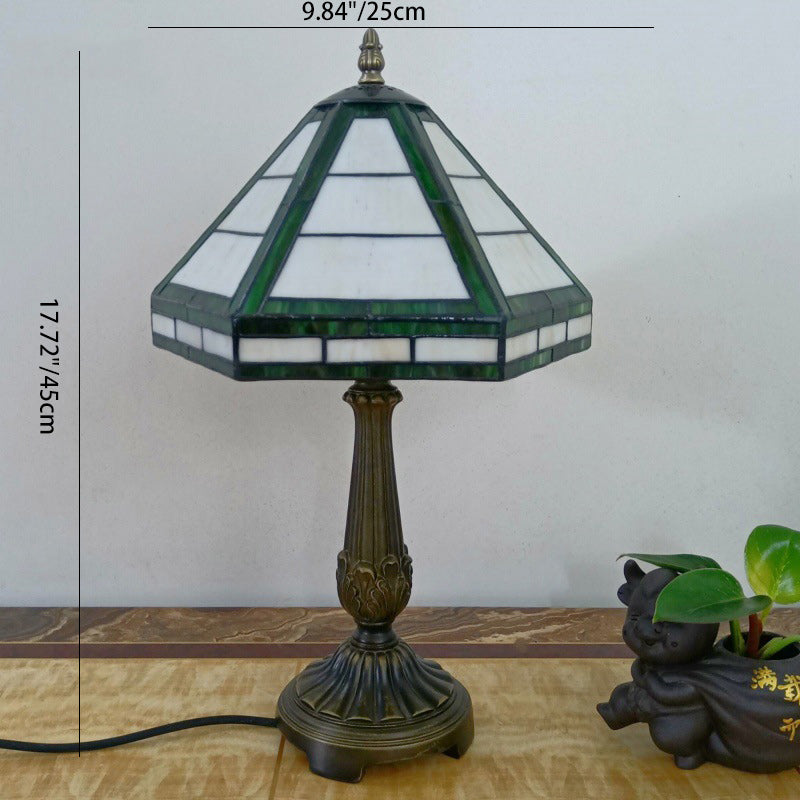 Traditional Vintage Resin Base Conical Glass Lampshade Grid 1 - Light Table Lamp For Living Room