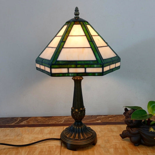 Traditional Vintage Resin Base Conical Glass Lampshade Grid 1 - Light Table Lamp For Living Room