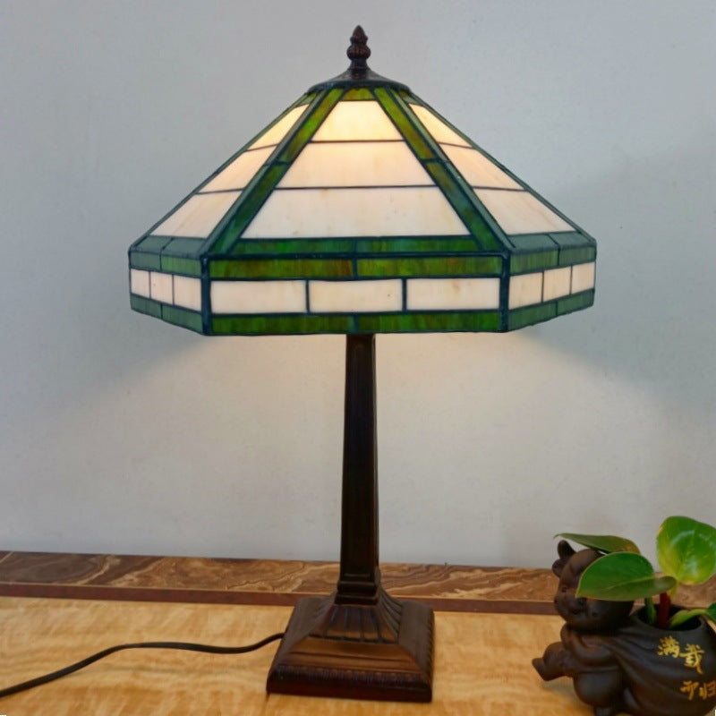 Traditional Vintage Resin Base Conical Glass Lampshade Grid 1 - Light Table Lamp For Living Room