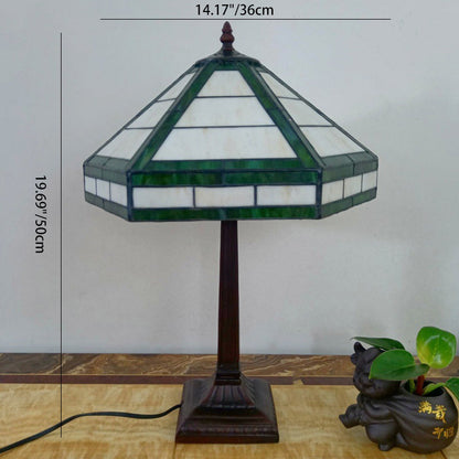 Traditional Vintage Resin Base Conical Glass Lampshade Grid 1 - Light Table Lamp For Living Room