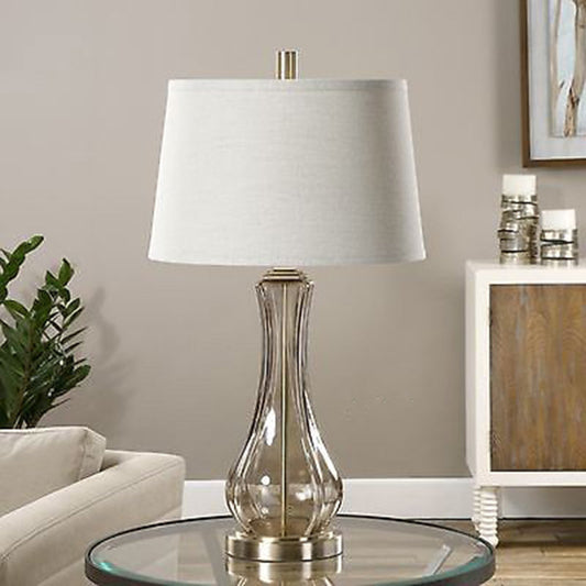 Contemporary Scandinavian Glass Base Fabric Lampshade 1 - Light Table Lamp For Living Room