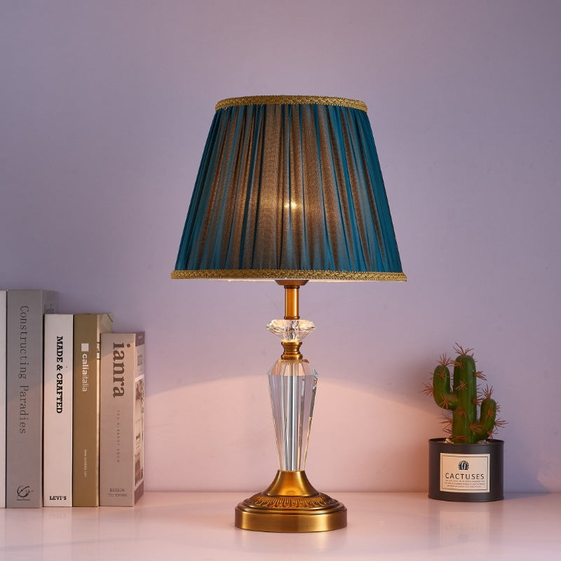 Traditional European Fabric Lampshade Crystal Copper Base 1 - Light Table Lamp For Living Room
