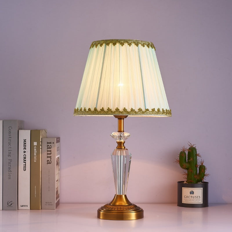 Traditional European Fabric Lampshade Crystal Copper Base 1 - Light Table Lamp For Living Room